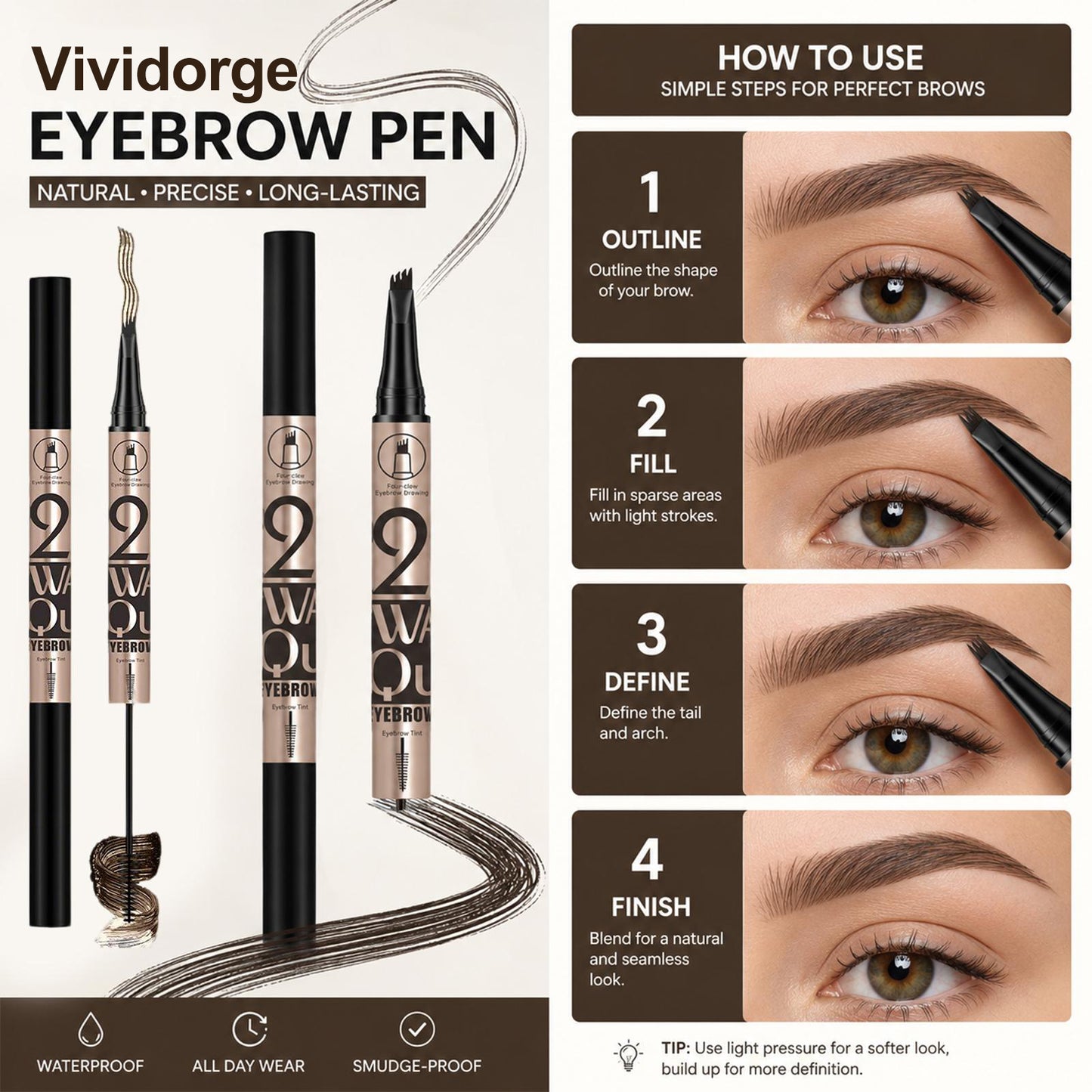 🤎Waterproof 4-prong brow pen for easy shaping and natural hair-like strokes